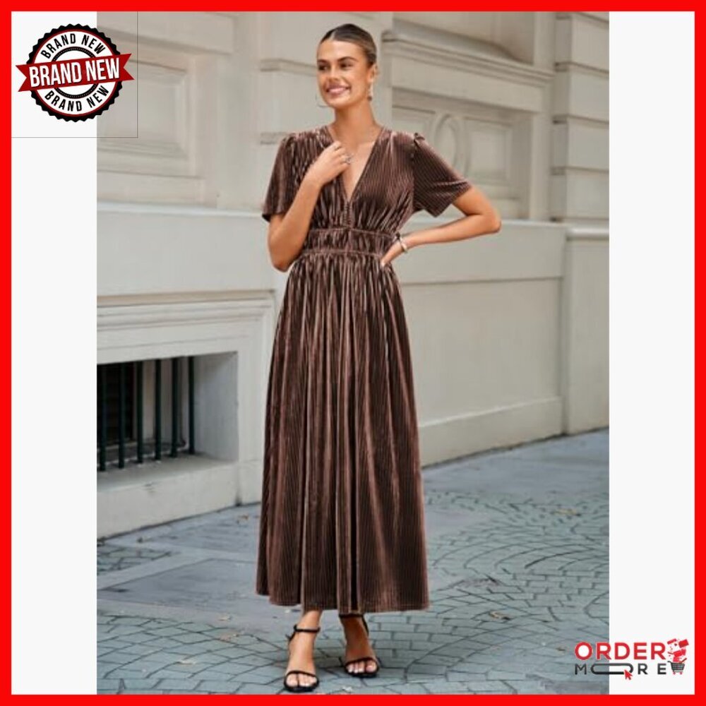 Retro V-Neck Velvet Maxi Dress Formal Party Wedding Guest Long Dress - Picture 3 of 5